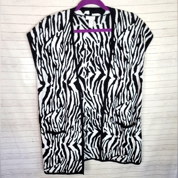 CHICO'S ZEBRA PRINT SLEEVELESS OPEN FRONT CARDIGAN, SZ 2/MEDIUM - Picture 1 of 9